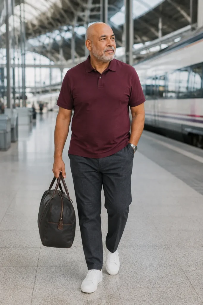 photograph of a completely different 59-year-old plus-size bald man with a long face, medium olive skin,