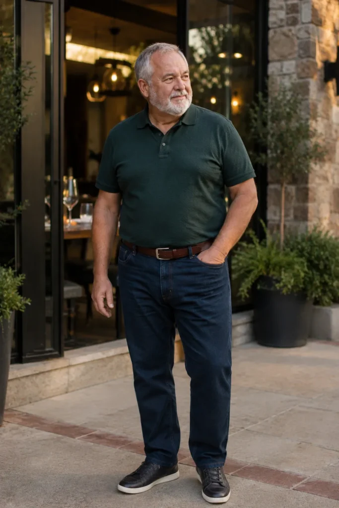 photograph of a completely different 70-year-old plus-size man with a gently rounded face, fair warm skin, green eyes