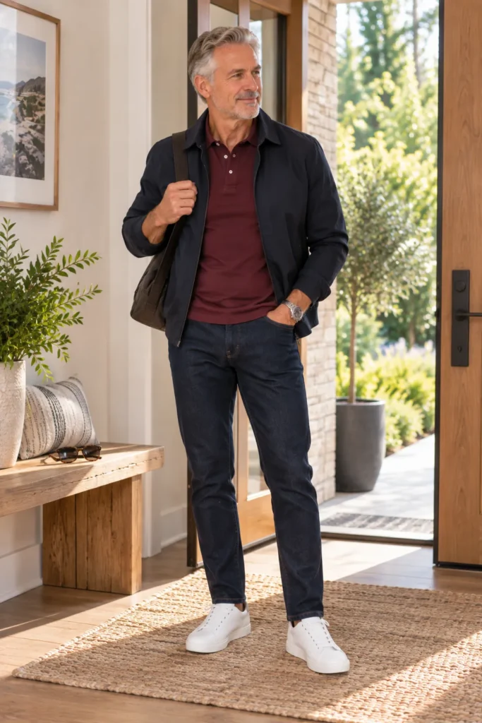 photo representing a mature man confidently wearing a new everyday outfit before leaving home.