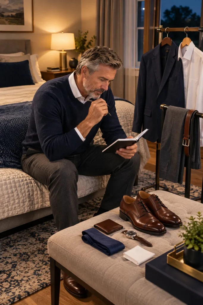 photograph featuring a 57-year-old man with short salt-and-pepper hair and a neatly trimmed beard preparing his interview clothes the night before.