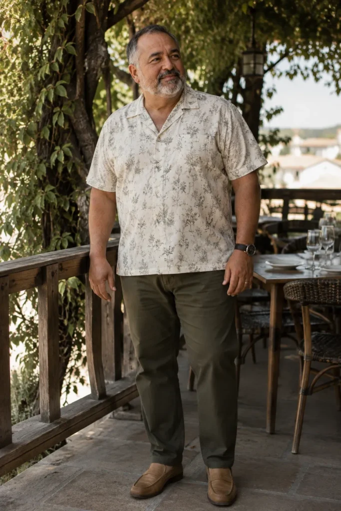 photograph of a completely different 56-year-old plus-size man with a round-oval face, dark olive skin, brown eyes