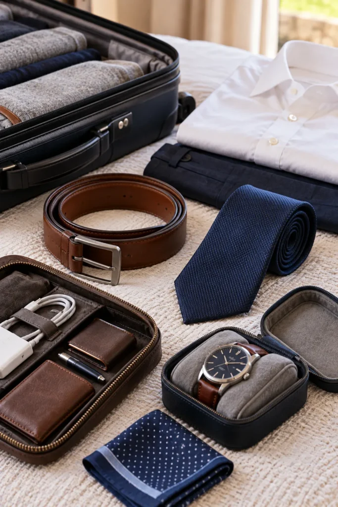  photograph of men's travel accessories arranged neatly beside an open suitcase