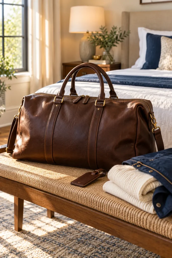 photograph of a premium dark brown leather weekender bag placed on a wooden bench in a bright, elegant bedroom