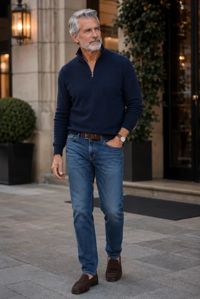 photograph featuring a distinguished 64-year-old mature man with short silver hair and a neatly trimmed beard, wearing a fine-gauge navy quarter-zip sweater slightly open at the collar,