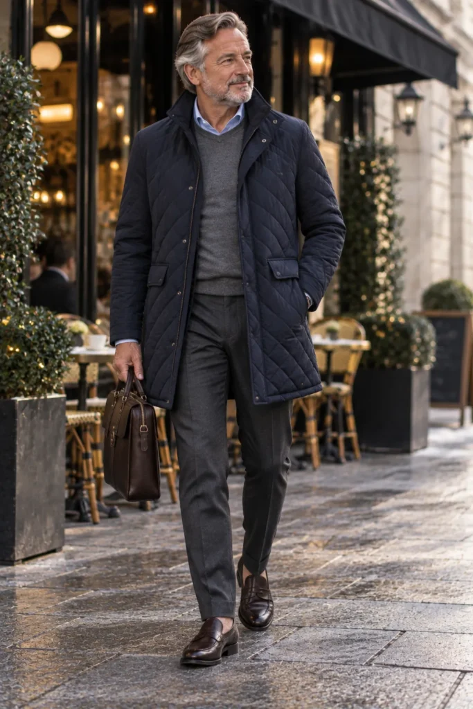photograph of a mature man around 56 wearing a refined matte navy quilted winter coat over a pale blue button-down shirt