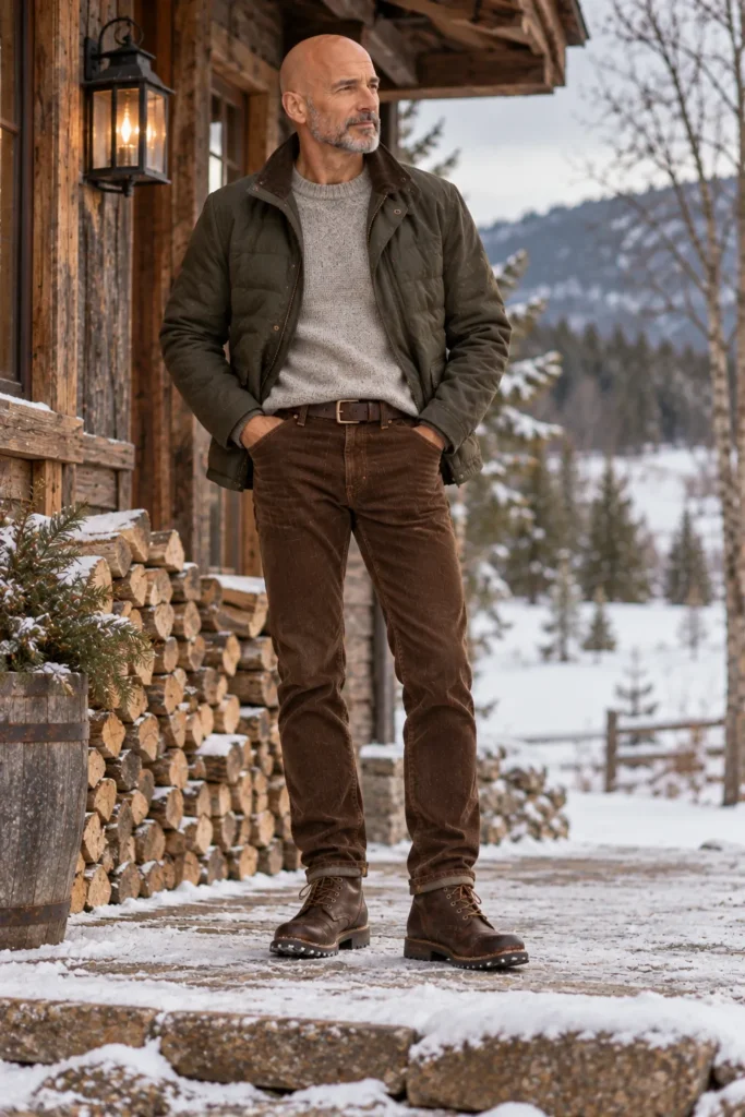 photograph of a 57-year-old bald man with a neatly trimmed salt-and-pepper beard wearing a dark olive quilted jacket over a light gray merino wool crewneck sweater