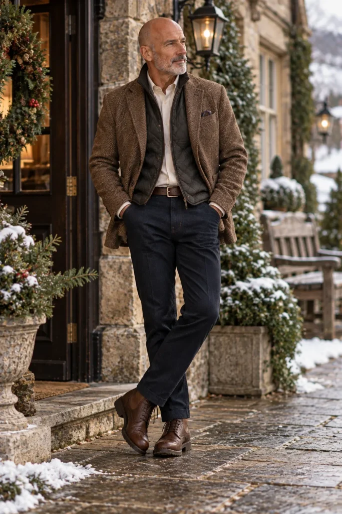 photograph of a refined 58-year-old bald man with a neatly trimmed salt-and-pepper beard wearing a brown tweed blazer layered over a dark quilted liner vest