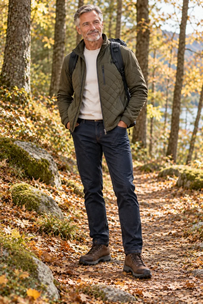 photograph featuring a 60-year-old man with silver hair and a neatly trimmed gray beard wearing a quilted olive green jacket over a simple cream crew-neck shirt,