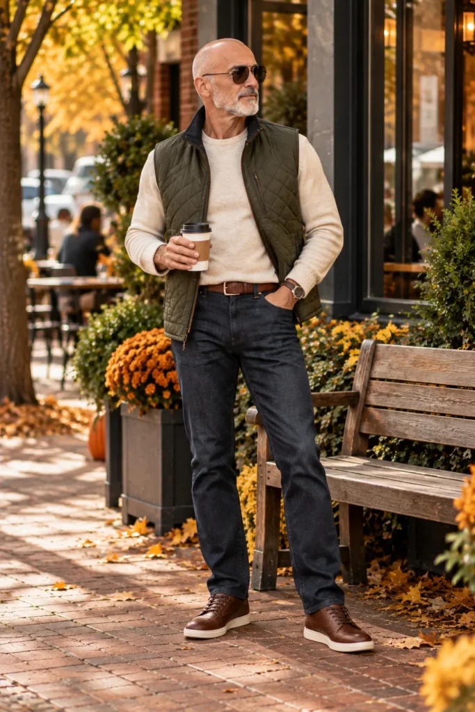 photograph featuring a different 59-year-old bald man with a neatly trimmed gray beard wearing a dark olive quilted vest over a cream fine-gauge sweater