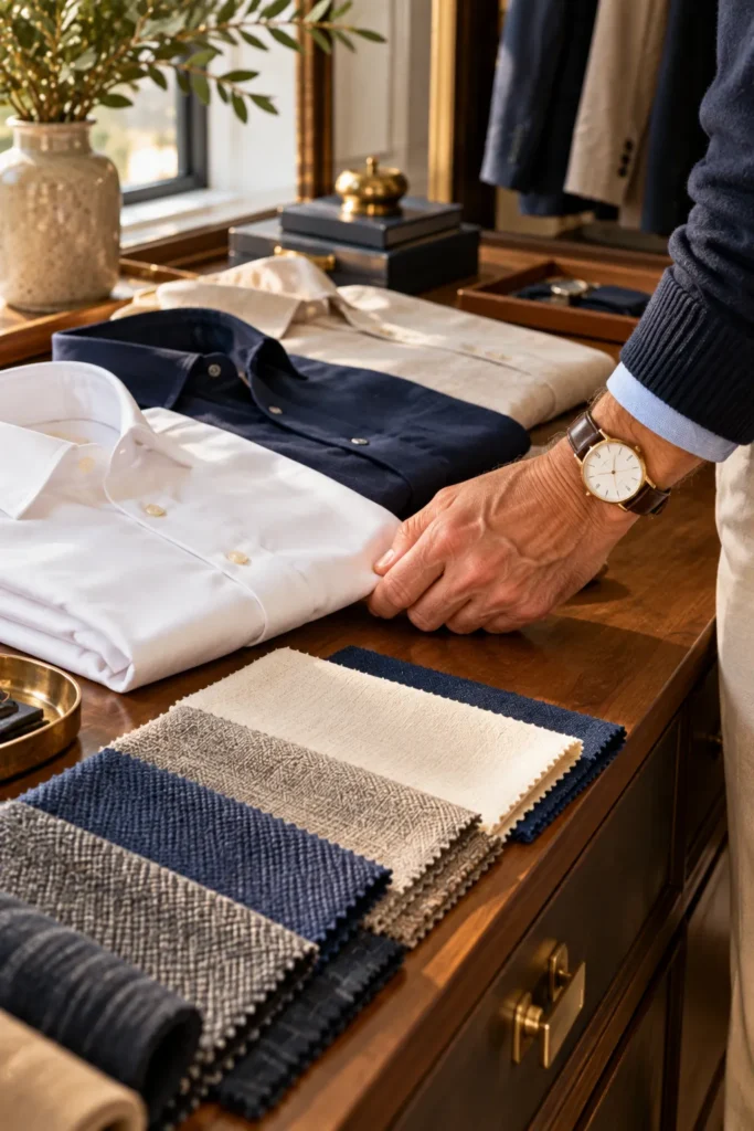 photograph representing fabric selection for men's clothing over 50