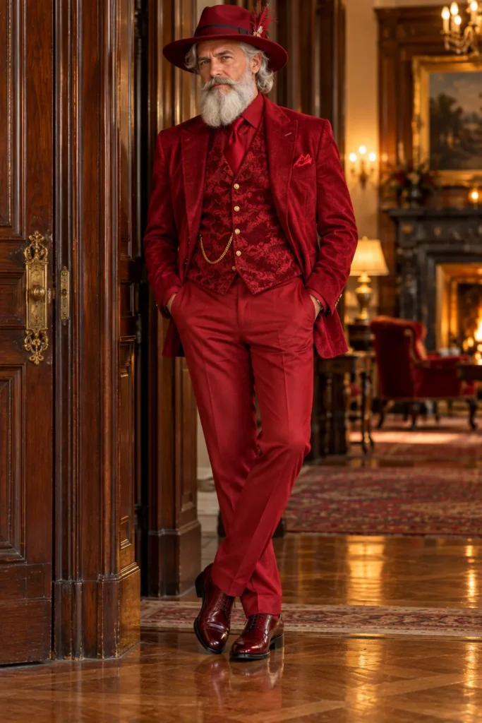 Red Brocade Three-Piece Suit