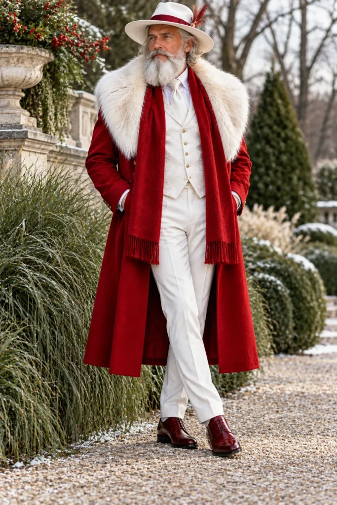 Red Coat with White Fur Collar and All-White Outfit
