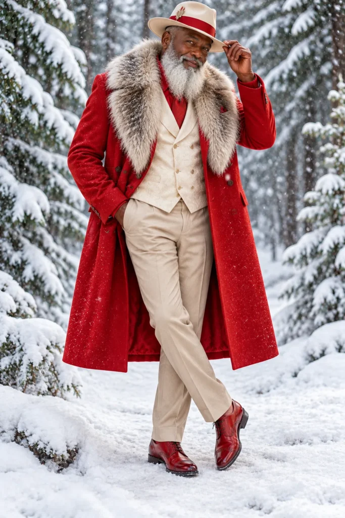 Red Long Coat with Fur Collar and Cream Waistcoat