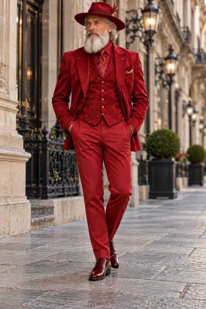 Red Patterned Suit With a Statement Hat