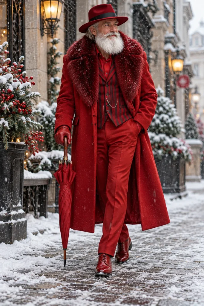 Red Suit With a Dramatic Fur Collar
