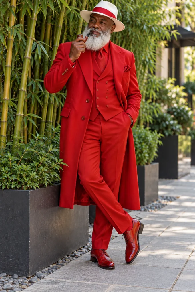 Red Suit With a White Wide-Brim Hat