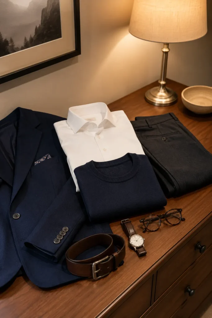 photo representing a clean, classic men's wardrobe with fewer accessories and subtle patterns