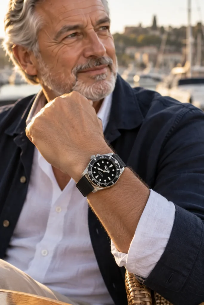 photograph featuring a classic stainless steel watch as the dominant subject