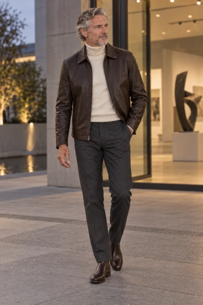 photograph of a mature man around 58 with silver-gray hair and a neatly trimmed gray beard, wearing a clean dark brown leather jacket with minimal hardware over a fine cream turtleneck sweater