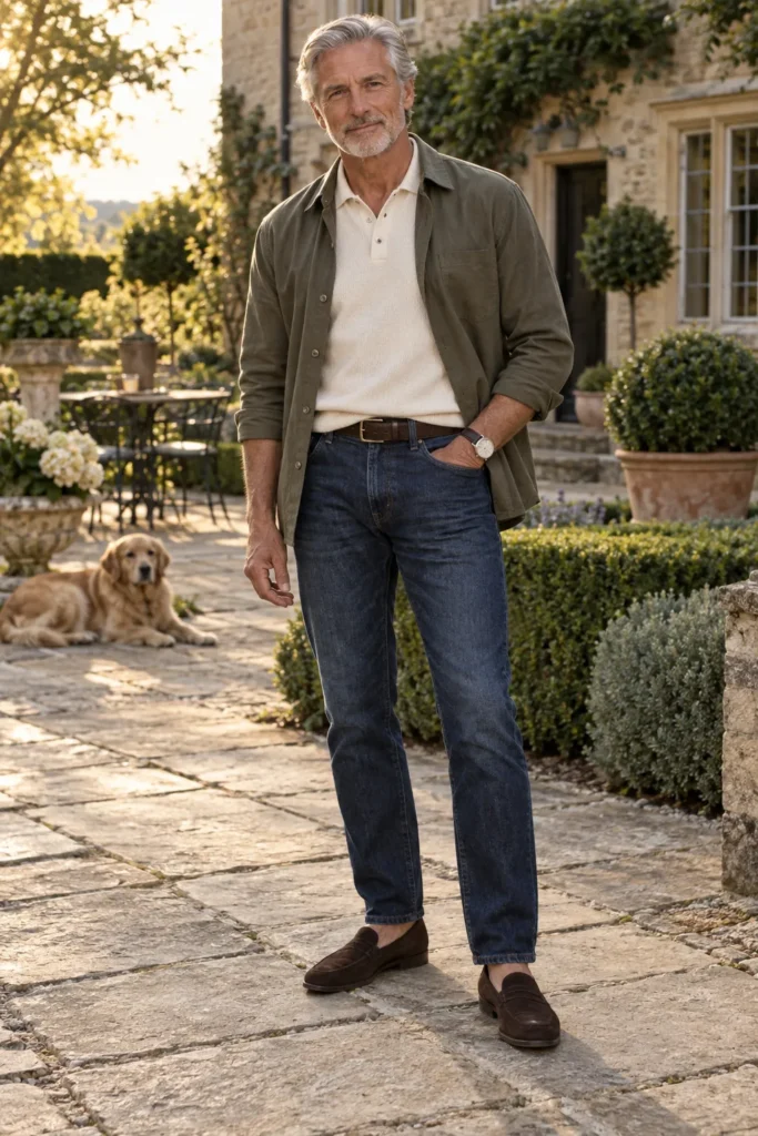 photograph of a distinguished 64-year-old man with silver-grey hair wearing relaxed tapered dark-blue jeans with comfortable room through the thighs