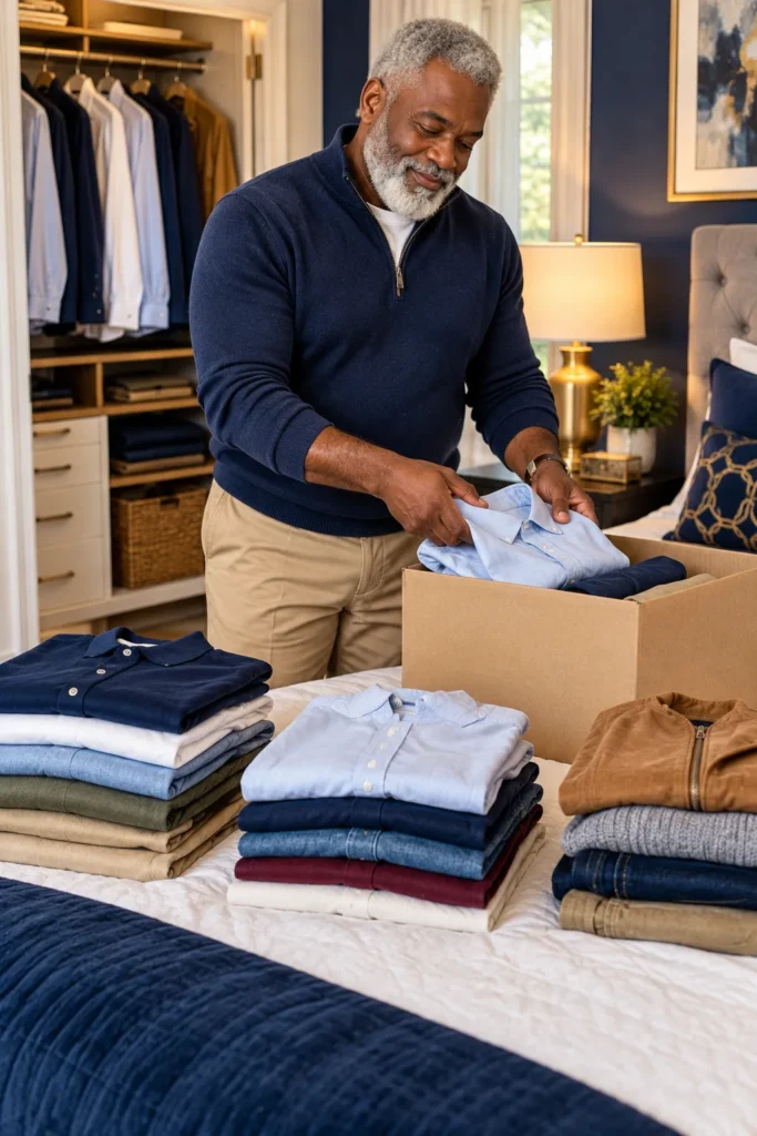 photograph of a 60-year-old man with short silver hair and a well-groomed gray beard sorting his wardrobe