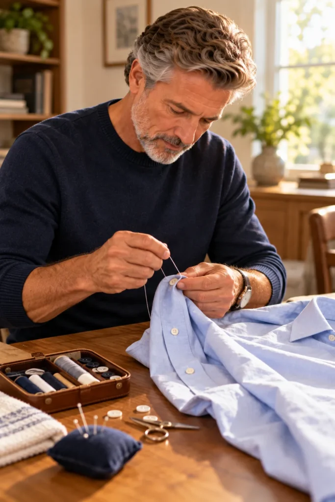 hotograph of a mature 60-year-old man with short gray hair and a neatly trimmed beard repairing a loose button on a classic light