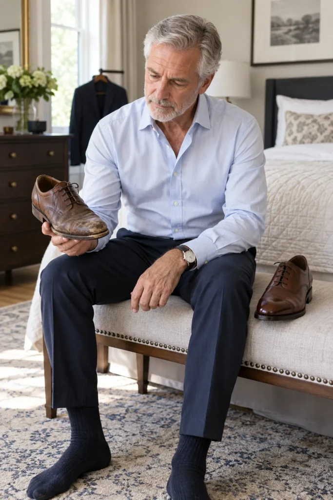 photo of a distinguished 60-year-old man sitting on an elegant bedroom bench, comparing an old scuffed leather shoe