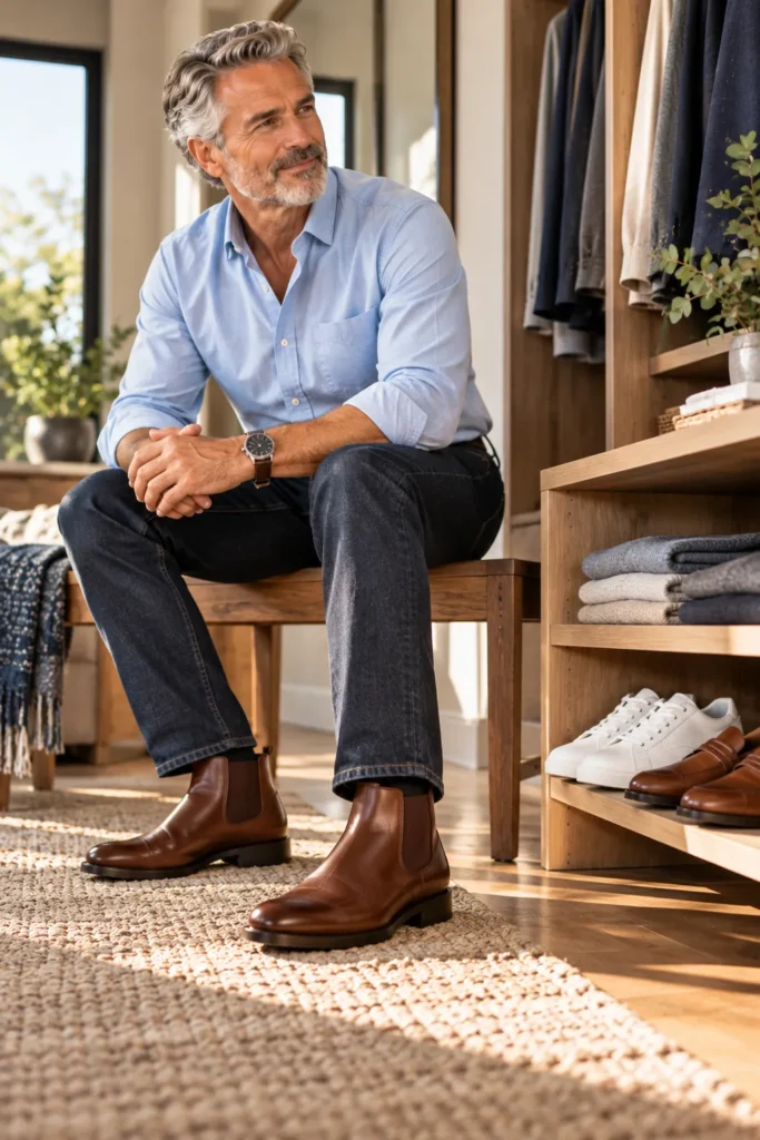 photo representing modern footwear choices for men over 50. Feature a stylish 61-year-old man with short silver-gray hair and a neatly trimmed beard seated on a simple wooden bench in a clean