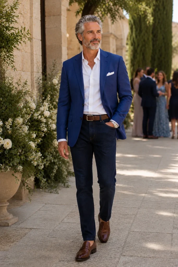 photo of a handsome mature man in his early 50s with silver-grey hair and a neatly trimmed beard wearing a rich royal-blue tailored blazer