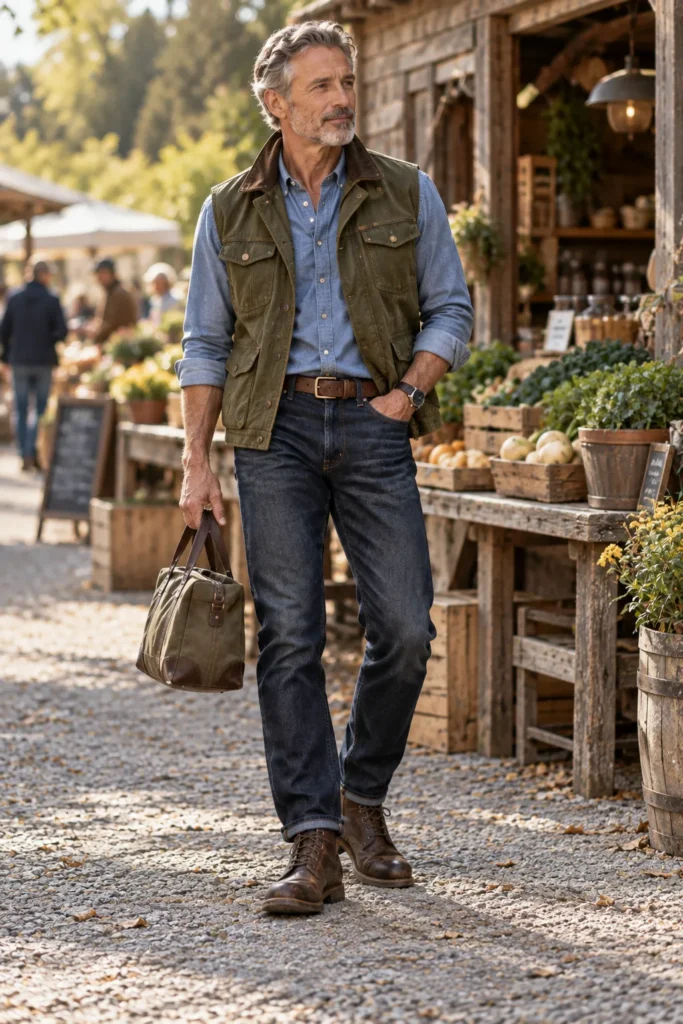 photograph featuring a stylish 60-year-old man with short salt-and-pepper hair and a neatly trimmed beard