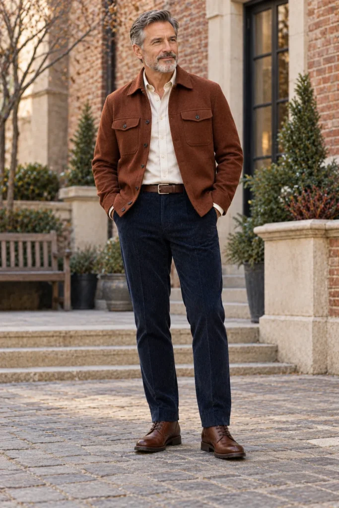 photograph featuring a fashionable 56-year-old man with short salt-and-pepper hair and a neatly trimmed beard