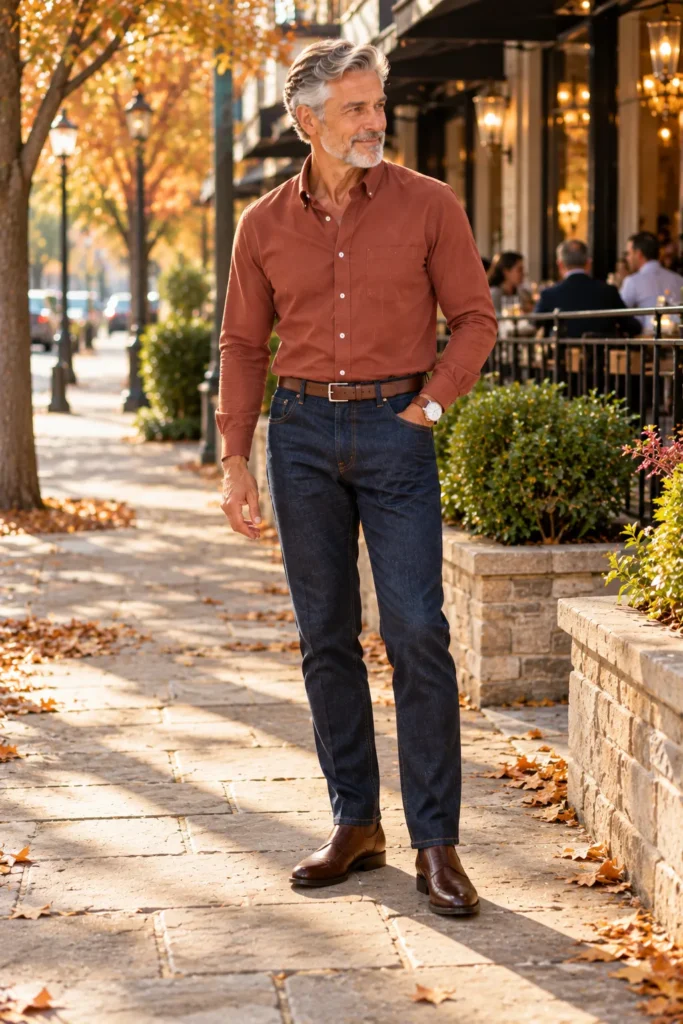 photograph of a stylish 59-year-old man with short gray hair and light stubble standing on a tree-lined walkway near a casual restaurant before an evening reunion