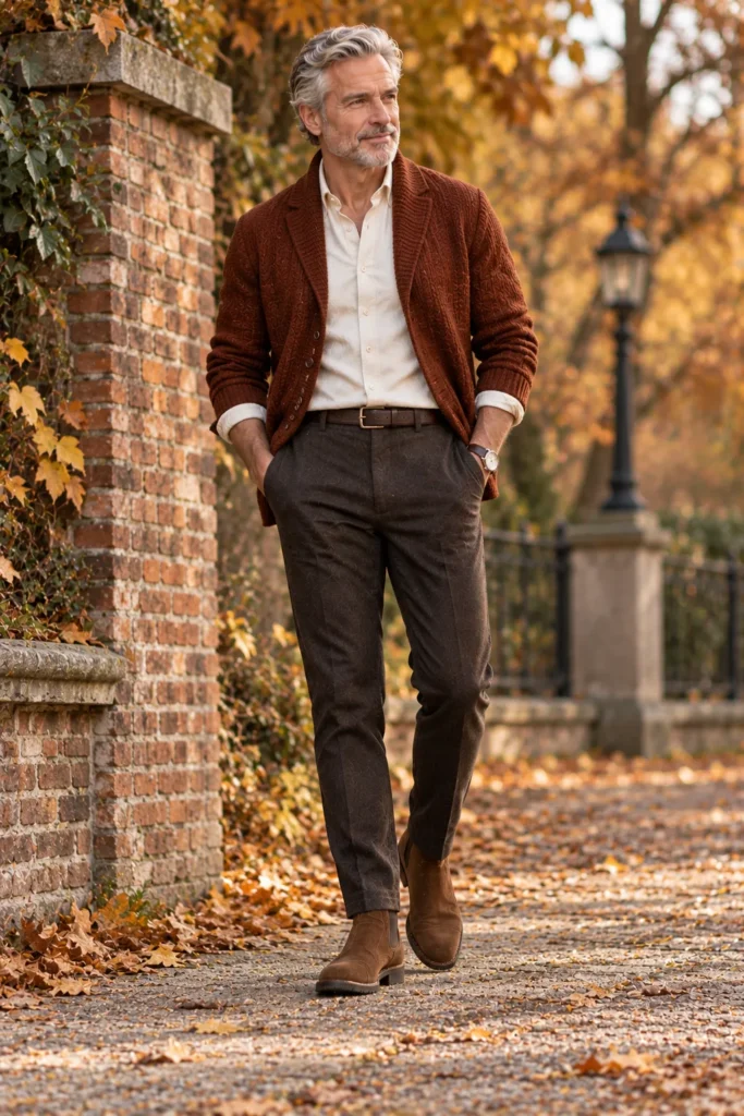 photorealistic autumn menswear photograph featuring a stylish 58-year-old man with short gray hair and a neatly trimmed salt-and-pepper beard.