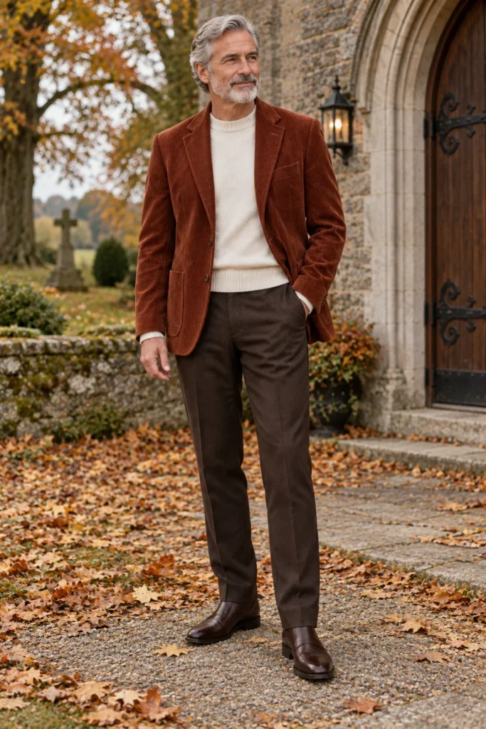men’s fashion editorial featuring a mature man around 59 with silver-gray hair and a neatly trimmed gray beard