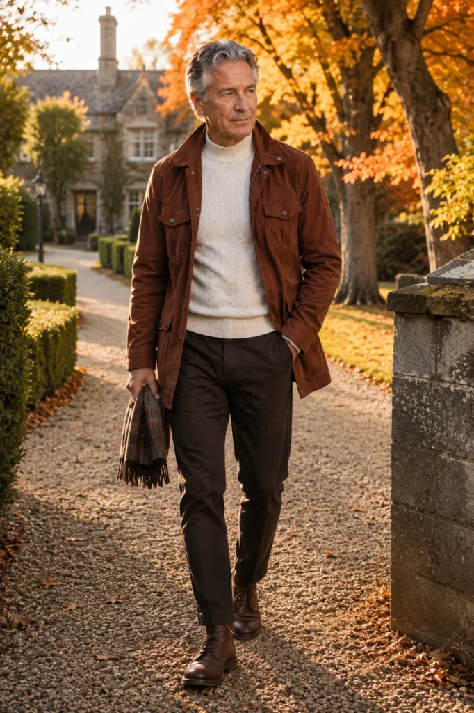 photograph of a confident 60-year-old man wearing a rust-colored field coat over a cream mock-neck sweater