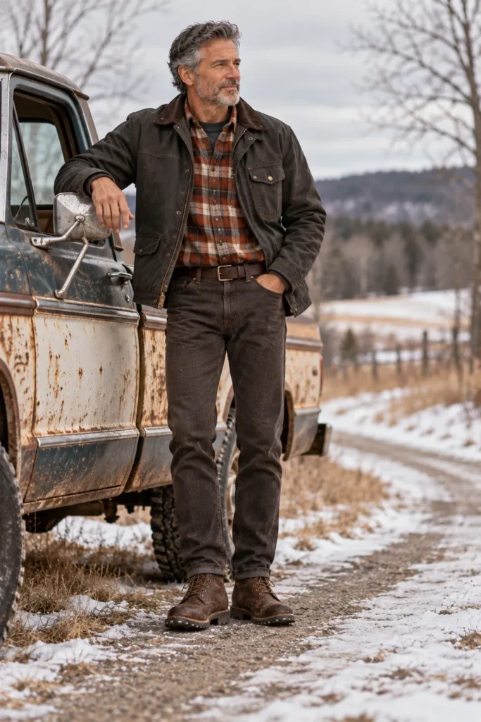 photograph of a confident 59-year-old man with short salt-and-pepper hair and a neatly trimmed beard wearing a dark charcoal canvas jacket over a rust-orange and cream plaid flannel shirt