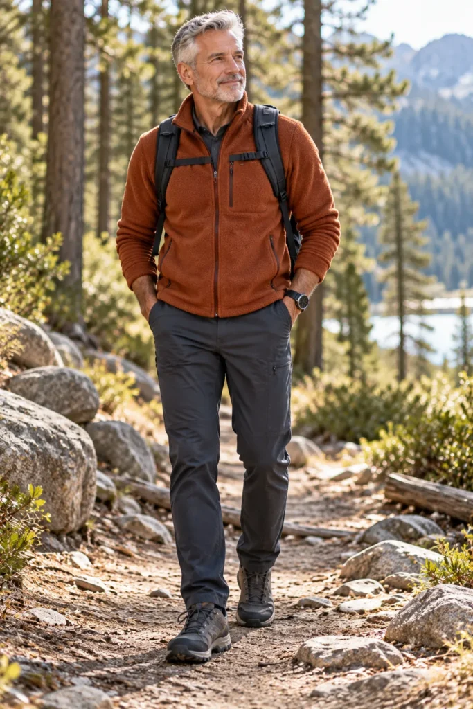  photograph of a stylish 58-year-old man with short silver hair wearing a rust-colored fleece jacket