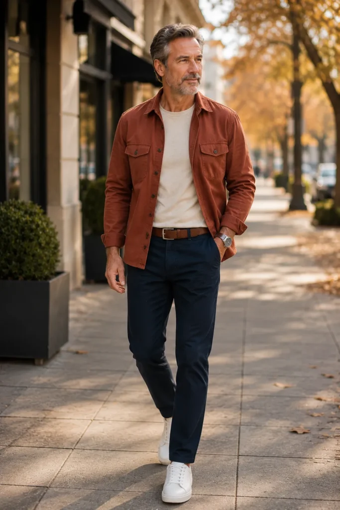 photograph featuring a stylish 59-year-old mature man with short gray-brown hair and neatly trimmed beard