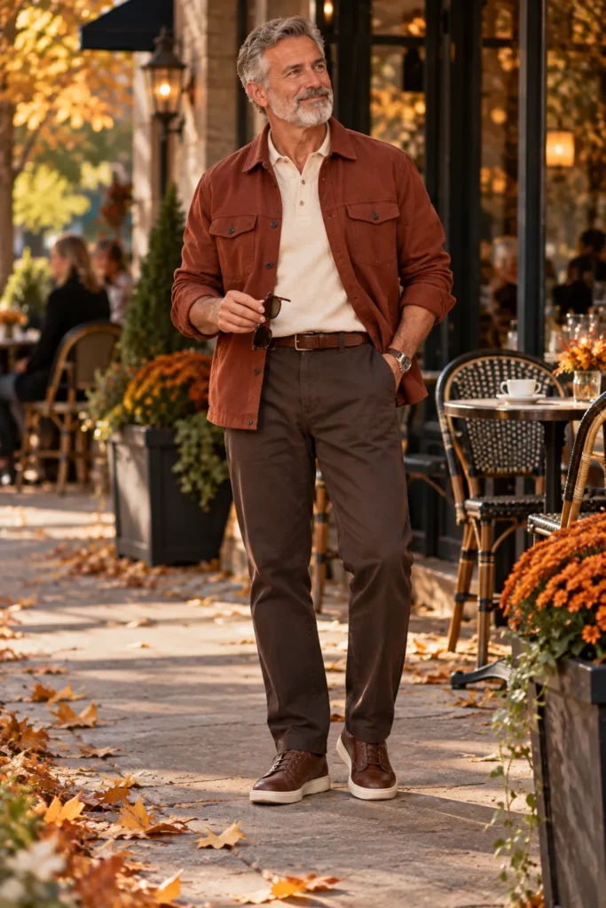 Rust Overshirt Over a Cream Knit Polo