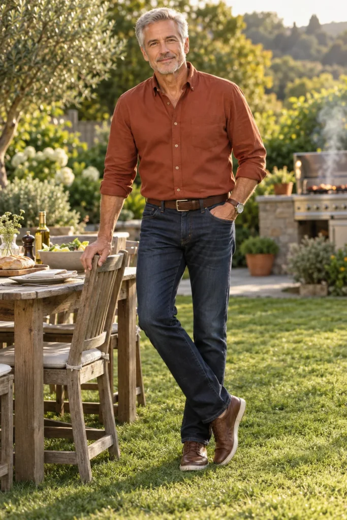 photograph of a stylish 59-year-old man with short silver hair and light stubble standing in a beautiful backyard garden during a late-afternoon barbecue