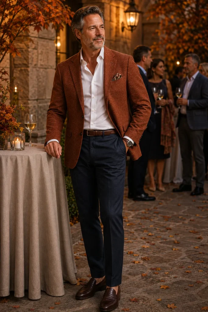 photograph of a confident 58-year-old man at an autumn evening cocktail gathering