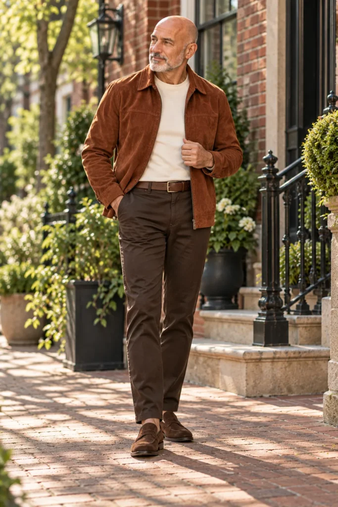 photograph featuring a rugged but polished 60-year-old bald man with a neatly trimmed silver-gray beard wearing a lightweight rust-colored suede jacket over an ecru crew-neck T-shirt