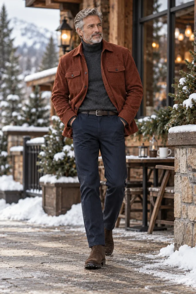 Rust Wool Overshirt + Charcoal Turtleneck + Navy Trousers