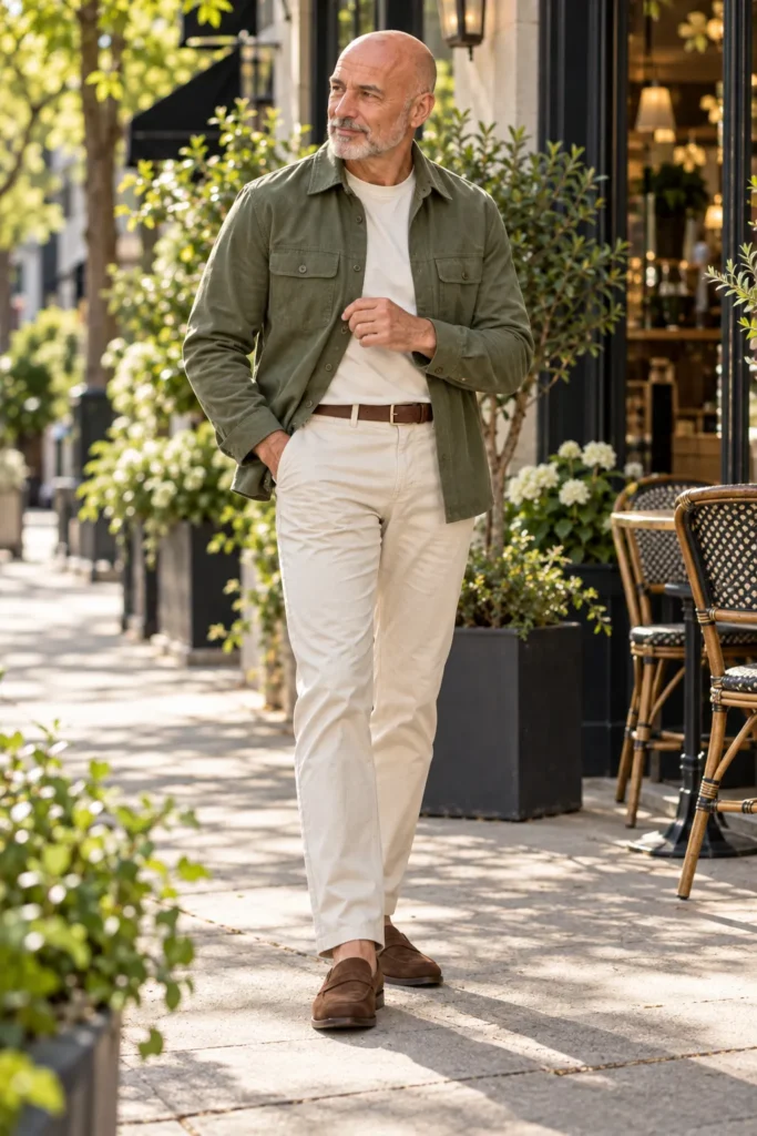 photograph featuring a stylish 58-year-old bald man with a neatly trimmed silver-gray beard, wearing a sage green lightweight cotton overshirt worn open over an ivory crew-neck T-shirt