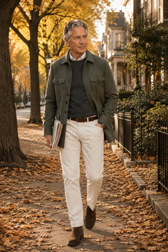 photograph of a confident 60-year-old man wearing a sage-green wool shacket over a charcoal crewneck sweater and white shirt