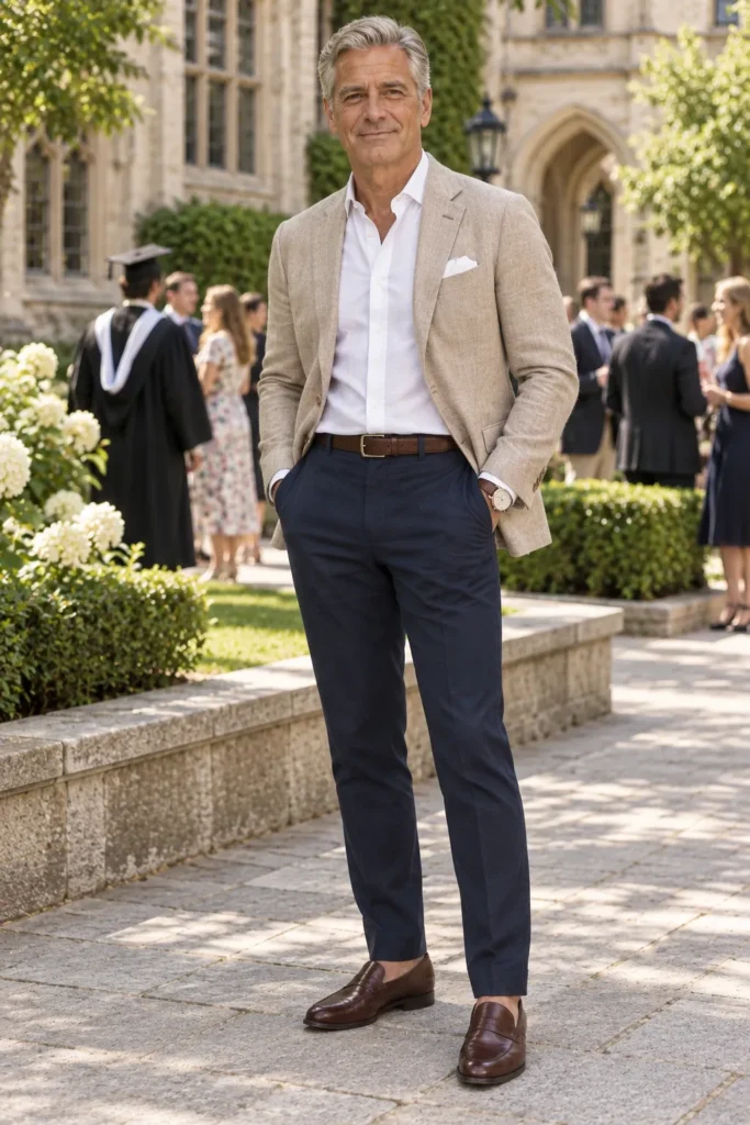 photograph of a stylish 56-year-old man attending his child's daytime graduation
