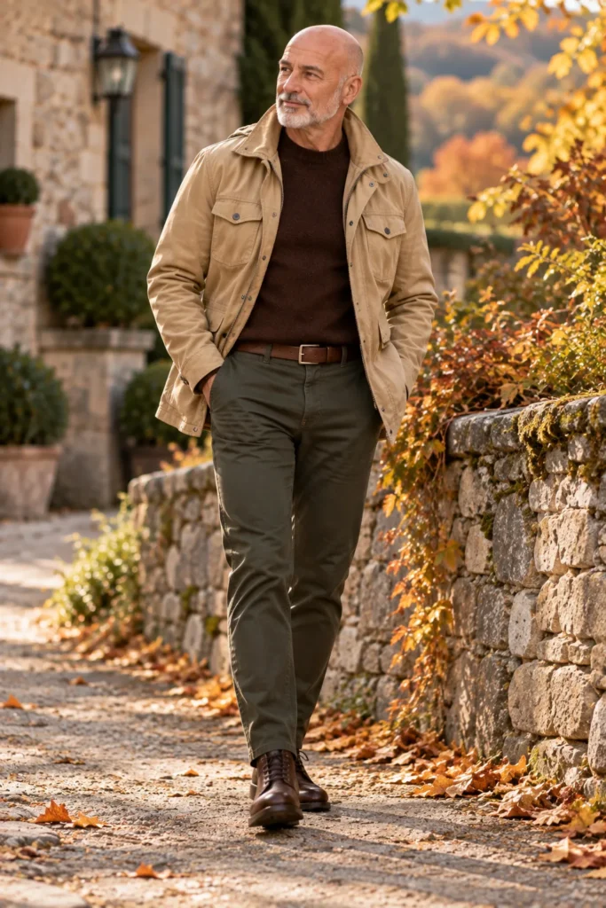 photograph featuring a refined 60-year-old bald man with a short silver-gray beard wearing a sand-colored field coat over a deep espresso brown crew-neck sweater