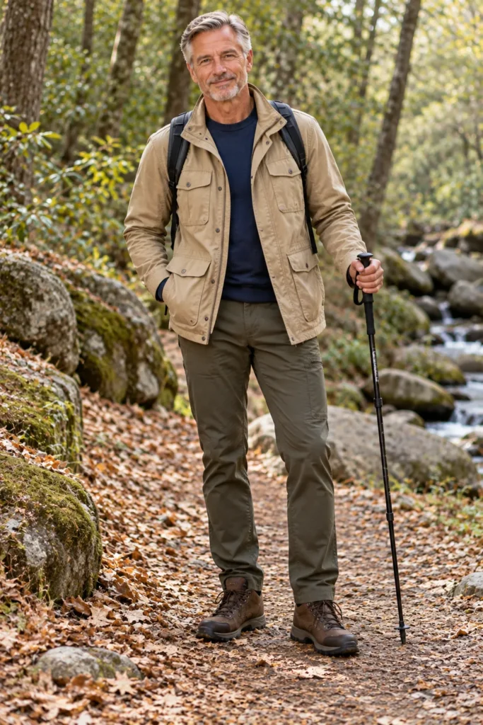 photograph featuring a 56-year-old man with salt-and-pepper hair wearing a sand-colored field jacket with practical front pockets