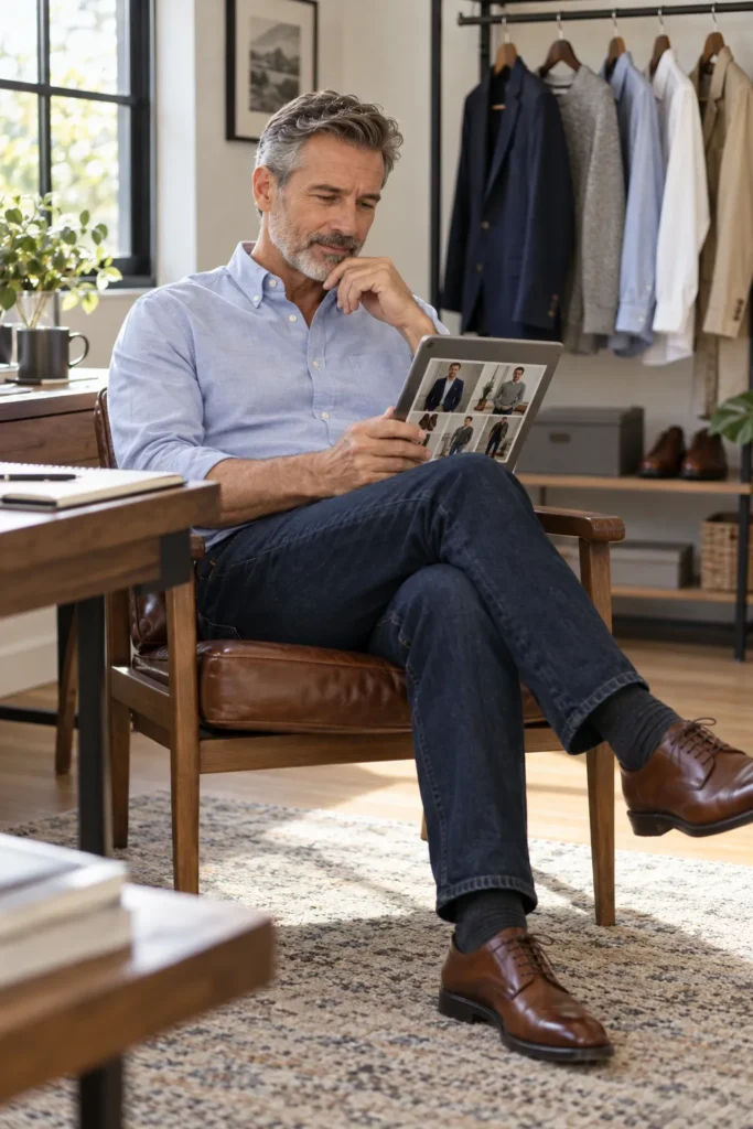 photograph of a stylish 57-year-old man with short salt-and-pepper hair and a trimmed beard sitting comfortably in a bright home office