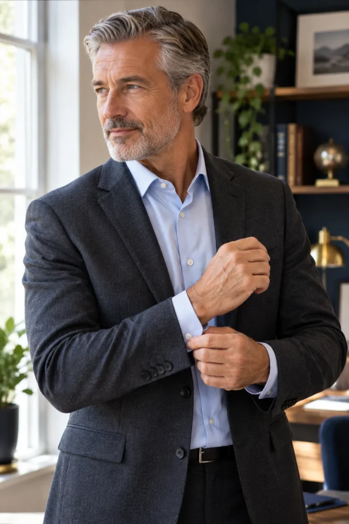 photograph featuring a well-groomed 56-year-old man with short gray hair and a neatly trimmed beard wearing a crisp light blue dress shirt beneath a charcoal blazer